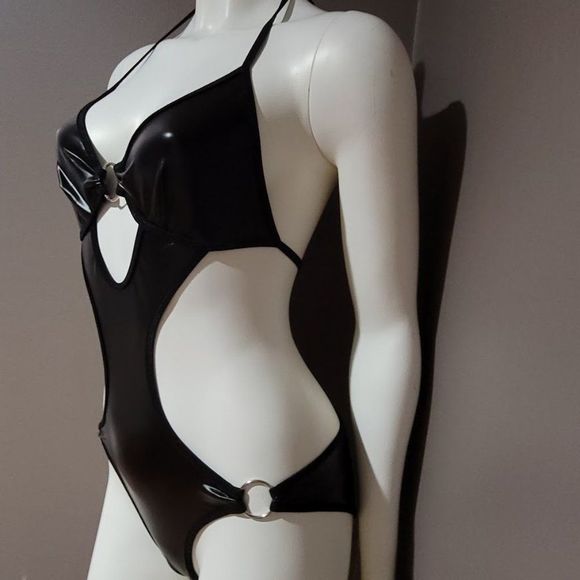 Vegan Leather Cut Out Bodysuit Lingerie - Picture 4 of 9
